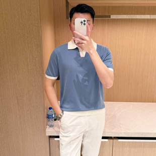 时尚高级拼色海鸥领polo衫男 夏季新款休闲帅气针织上衣短袖t恤男