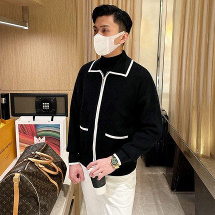 英伦复古男装秋冬新款时尚男士针织开衫高级感翻领上衣毛衣外套男