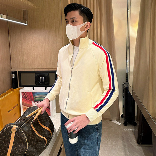 开衫针织半高领条纹撞色毛衣外套
