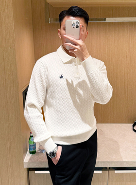老钱风男装时尚复古扭花修身翻领毛衣男款商务通勤儒雅男士polo衫