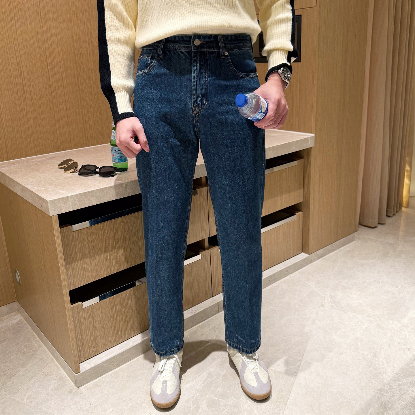 拉链长裤水洗秋冬蓝色牛仔裤复古