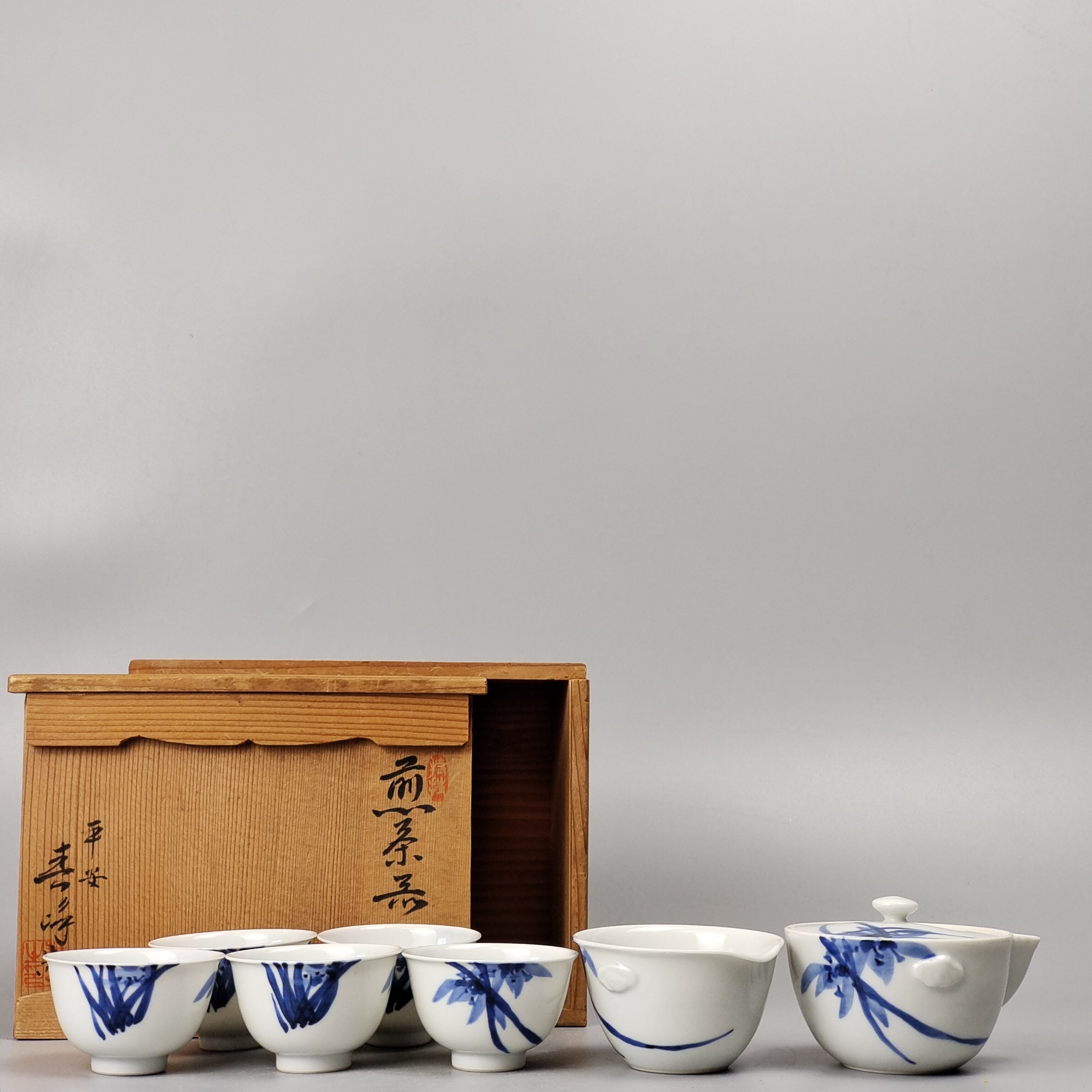 平安春峰造染付兰绘日本京烧宝瓶茶碗茶具一套煎茶器日本回流茶具