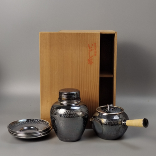 日本银川堂造银仕上日本铜横手急须茶壶日本铜茶筒茶叶罐