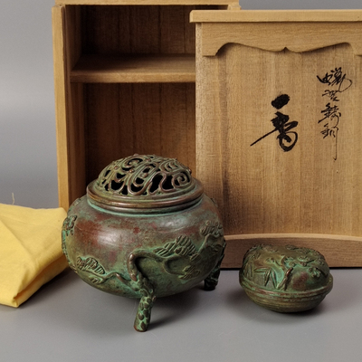 须贺月芳造日本铜香炉薰香炉铜香合香道具一套