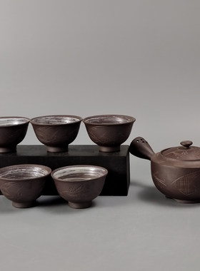 逸水作日本万古烧横手茶壶茶碗日本回流茶具
