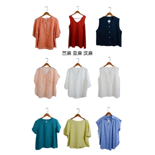 ML48 上衣女装 古着vintage复古春夏汉麻苎麻亚麻短袖 衬衫