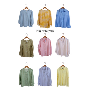 ML64 上衣女装 古着vintage复古汉麻苎麻亚麻长袖 衬衫