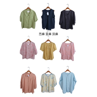 古着vintage复古春夏汉麻苎麻亚麻短袖衬衫上衣女装ML10
