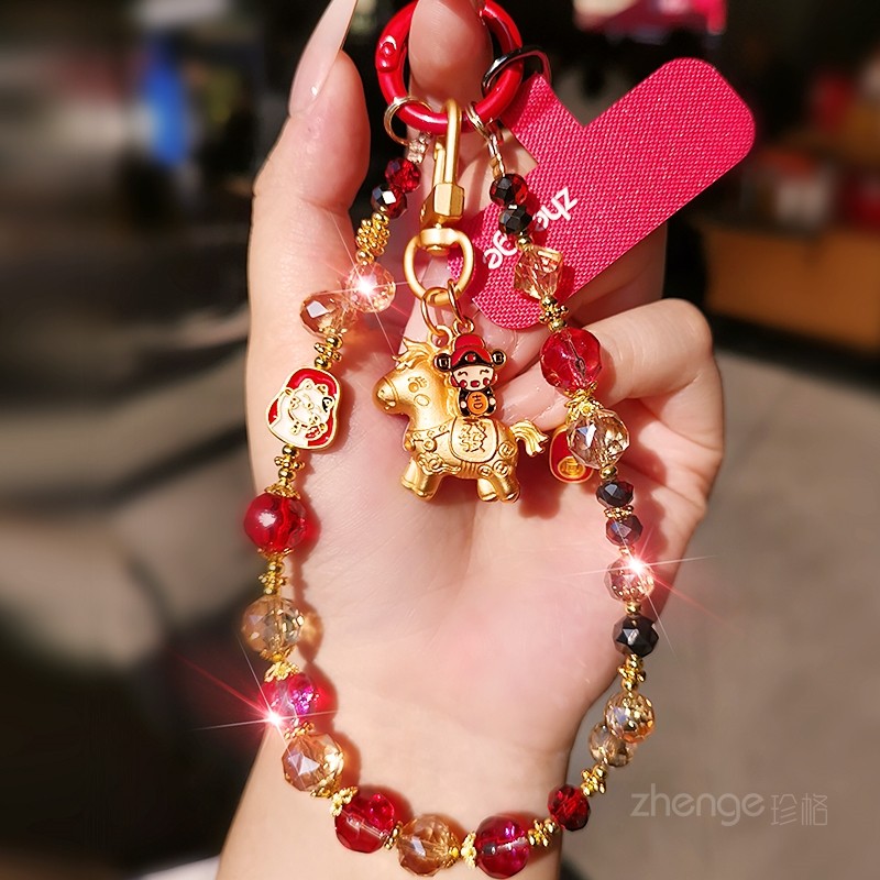 手机链挂绳女招财小马挂件水晶串珠饰品超好看小众轻奢精致高级感户外旅游出行防丢电话套壳手机挂绳通用新款