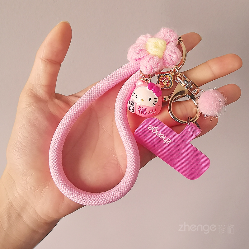 手机挂绳可爱猫挂件女士手腕绳短款秋冬便携毛线小花编织绳户外登山旅游防丢摔加粗手提链子电话套壳吊绳新品