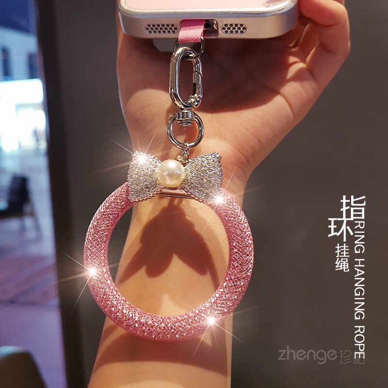 珍珠蝴蝶结水钻手机挂链防丢摔图片