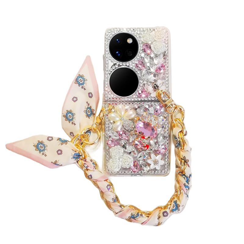 丝巾挂链手机挂绳水钻宝石手机壳女款适用华为P50PocketS折叠屏手机真机开模P60Pocket2代手机保护套全包防摔