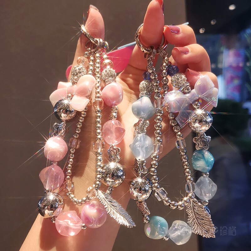 手机挂绳双链羽毛挂链短款手腕手机挂饰挂链绳卡条垫片手机壳通用手工编织串珠ins时尚小清新手绳女款手机绳