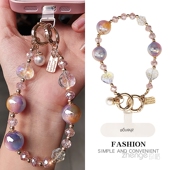 星空珠爱心水晶花手机链ins女士小众高级感手机壳挂件串珠手链短款 高端手腕挂饰户外旅游逛街手机挂绳新 时尚