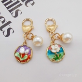 女士新品 香风花朵圆牌挂件爱心金属挂钩扣吊坠包挂珍珠饰品汽车钥匙扣耳机背包拉链手机壳小吊绳个性 潮流时尚