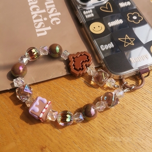 手机壳通用吊绳手提手腕挂饰新款 夹片式 ins巧克力糖果色甜妹多巴胺手机挂链挂绳短款 爱心方块Nice手链女款