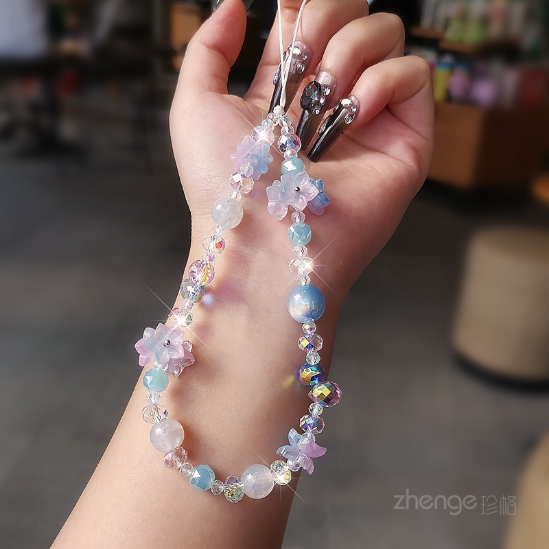 小清新花朵水晶手机链女手腕挂件