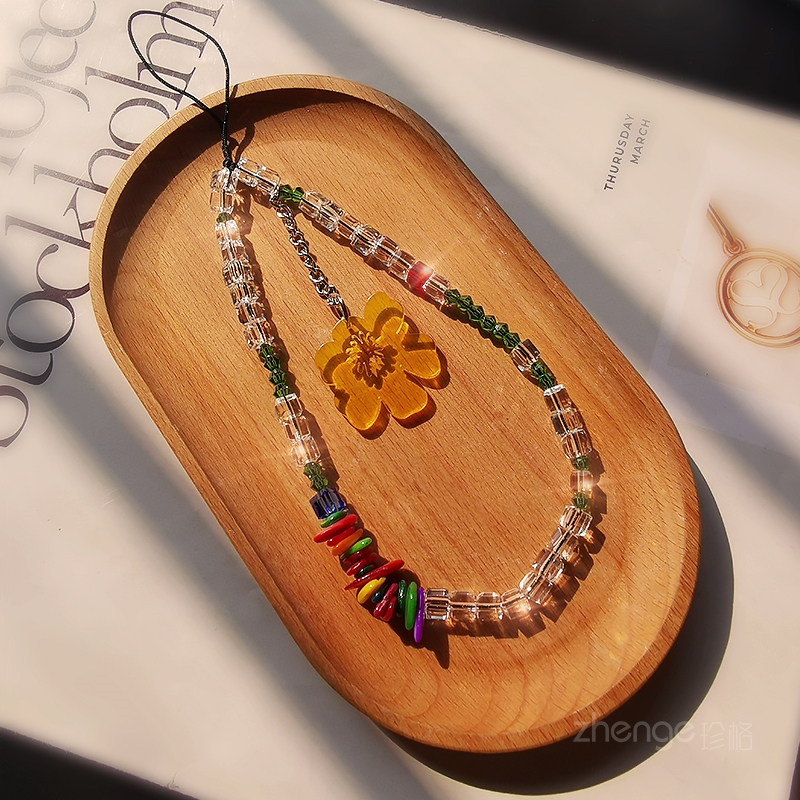 小花吊坠水晶手机链女手腕短款