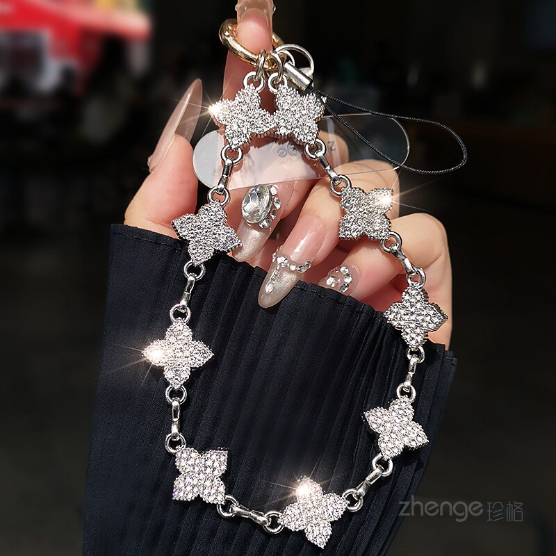 手机挂绳金属闪钻手链女四叶草爱心挂件手腕式短款户外旅游行逛街防丢摔电话套壳吊绳链子时尚小香风潮流新品