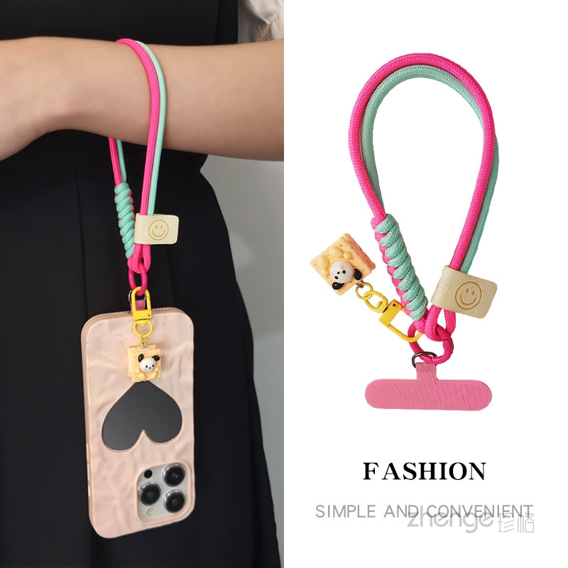 编织结手机挂绳男女短款ins简约时尚手提手腕绳夹片式手机壳通用结实耐用防断防摔卡条库洛米玉桂狗吊坠挂件