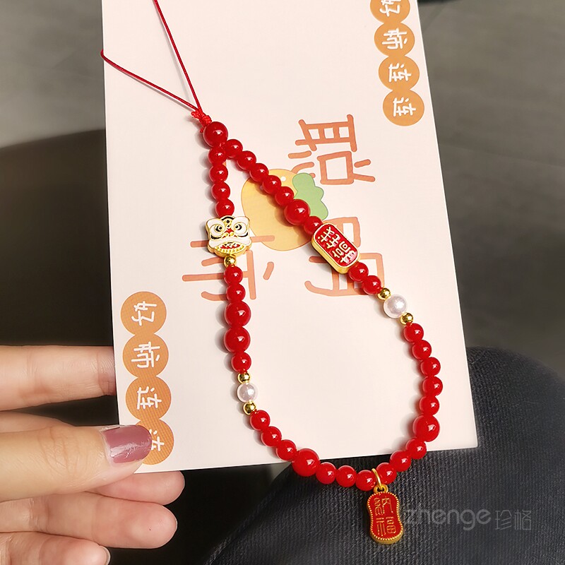 国风招财纳福红珠手机挂链图片