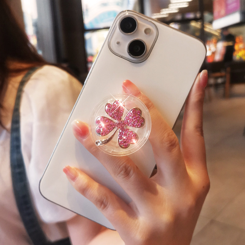 手机支架创意水晶幸运四叶草饰品伸缩支撑架桌面追剧神器多功能旋转手机壳通用后背贴便携式手指扣环