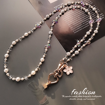 斜挎珍珠水晶手机挂链长款