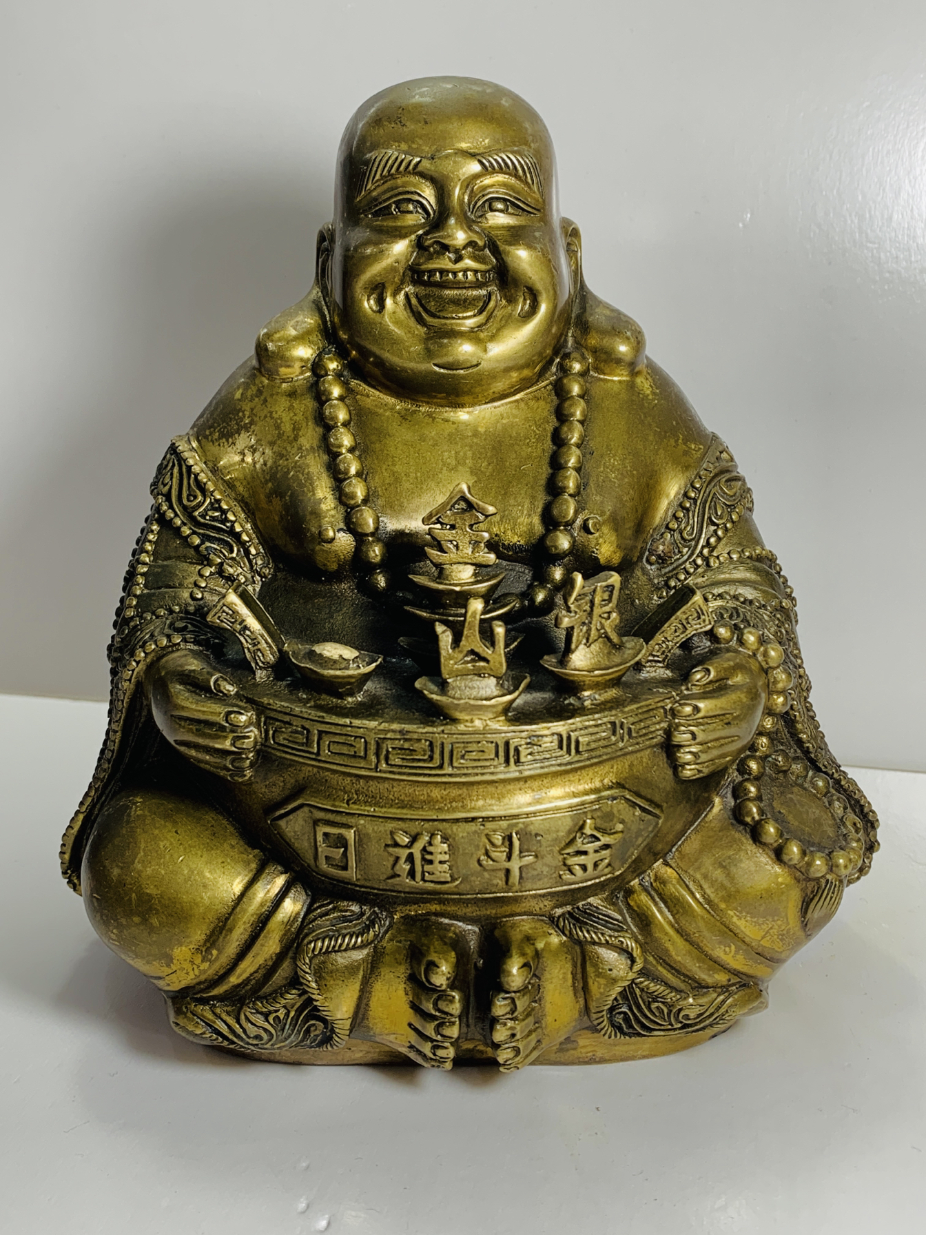 进口全铜弥勒佛摆件和气生财笑佛大肚佛布袋佛未来佛底座有字标款