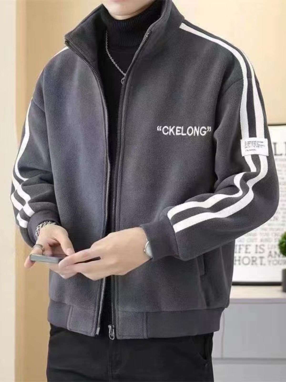 澳粒绒男士青年立领夹克短款外套2023年秋冬季新款加厚时尚男装潮