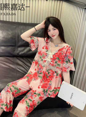 爆款家居服两件套宽松舒适大码拼蕾丝洋气可外出夏季冰丝睡衣套装