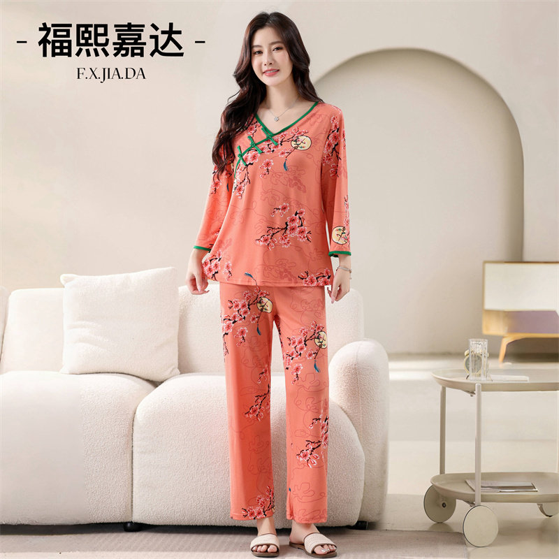 网红爆款东北大花睡衣套装女民族风盘扣家居服两件套春秋新款套装