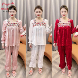 金丝绒宽松舒适可外穿家居服套装 网红爆款 高档奢华睡衣女方领长袖