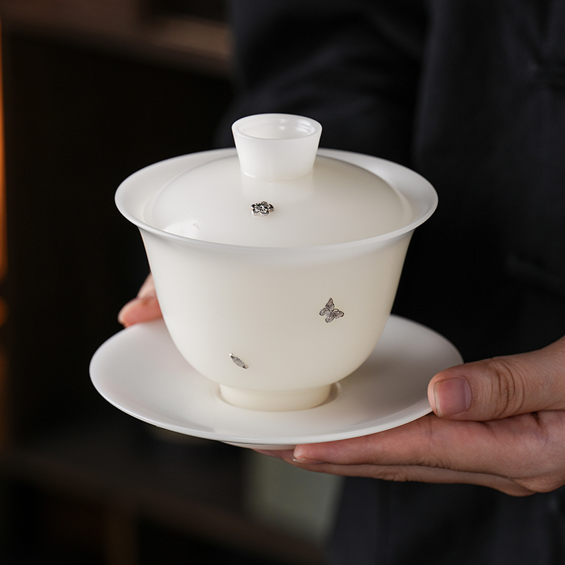 德化白瓷盖碗茶碗高温锯银