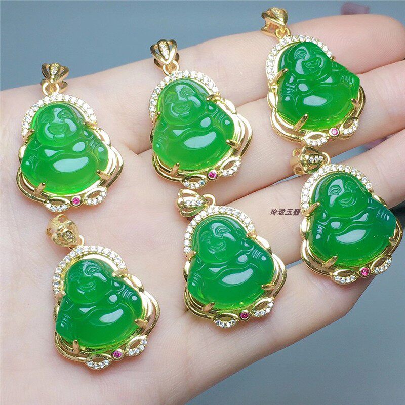 天然冰种绿玉髓镶嵌佛像吊坠 绿玛瑙弥勒佛玉石项链男女款玉佩