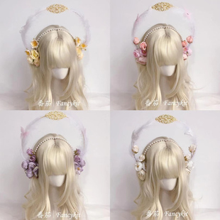 花朵lolita圣母双层光环发冠 汉服头饰羽毛发箍古典头冠汉洋折衷