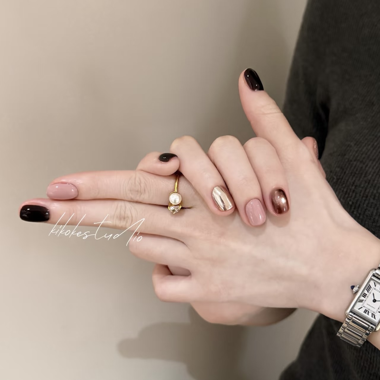 高级感甜酷黑粉琥珀猫眼穿戴甲