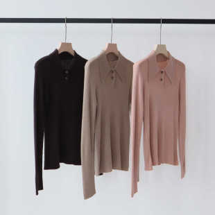 显瘦打底毛衣内搭设计感翻领长袖 修身 上衣 羊毛混纺针织衫 秋冬新款