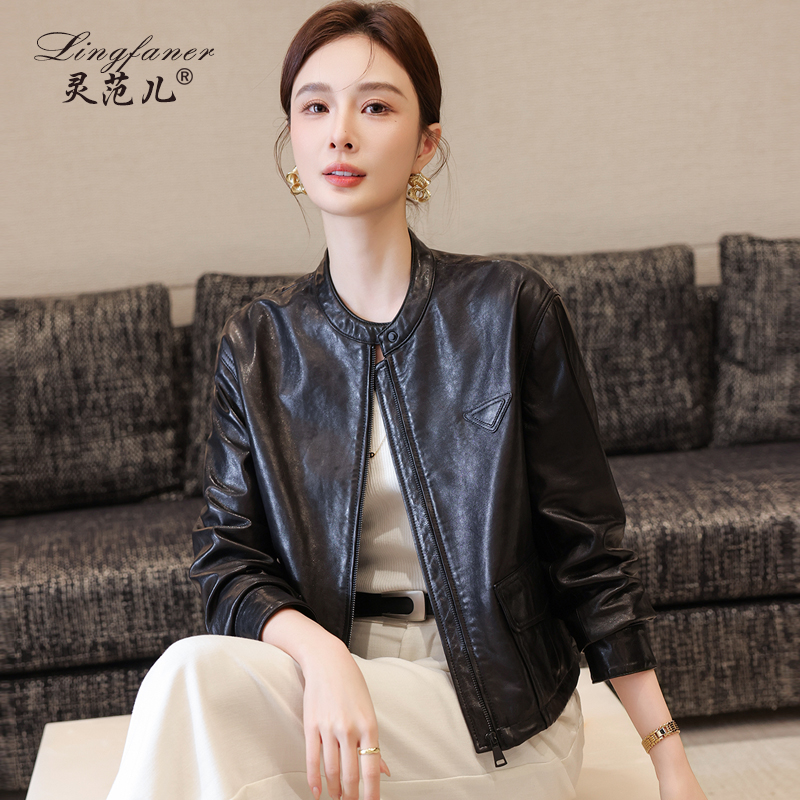 海宁真皮皮衣女2025春新款休闲时尚品牌油蜡绵羊皮夹克小外套短款