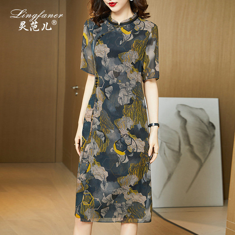 真丝连衣裙女夏2023新款改良旗袍中年妈妈杭州气质重磅桑蚕丝裙子