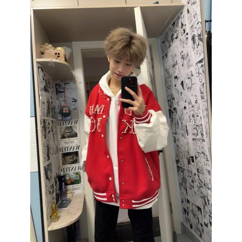 重磅网红国潮美式潮牌钉珠棒球服夹克外套男女春秋休闲宽松外套