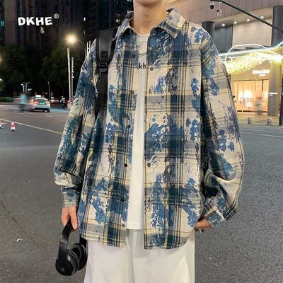 2025美式复古扎染衬衫男女格子长袖高级潮牌宽松情侣衬衣外套潮流