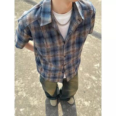 蓝色格子短袖衬衫美式男女夏季半袖格纹复古上衣衬衣休闲宽松外套