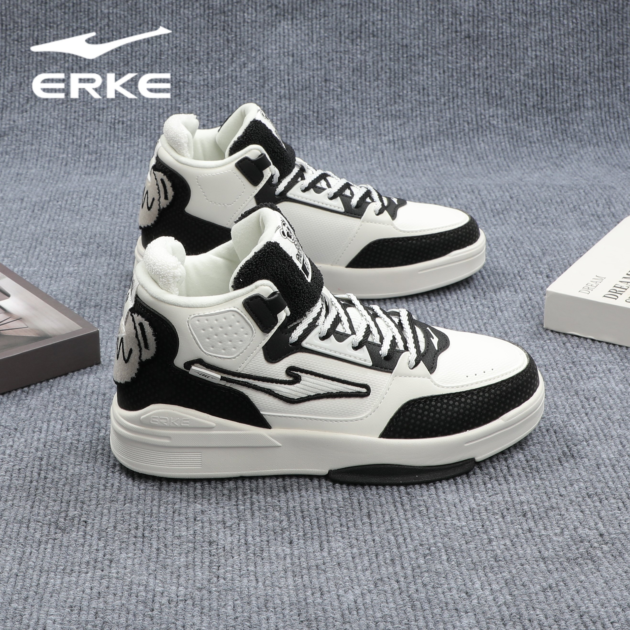 鸿星尔克高帮运动鞋女2025秋冬学生黑白熊猫板鞋厚底百搭休闲鞋子