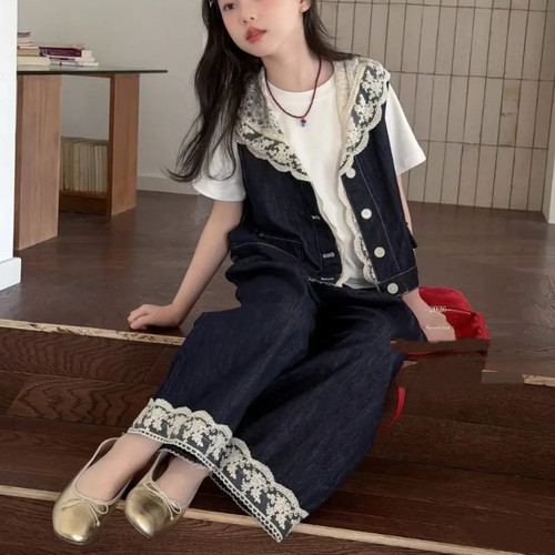 女童夏季韩版牛仔马甲蕾丝三件套