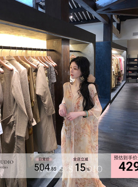 MOSS STUDIO【棠枝辞意】新中式真丝人丝印花高级感荷叶边连衣裙