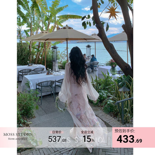 MOSS STUDIO【花落梦夕】法式慵懒V领定位印花连衣裙女