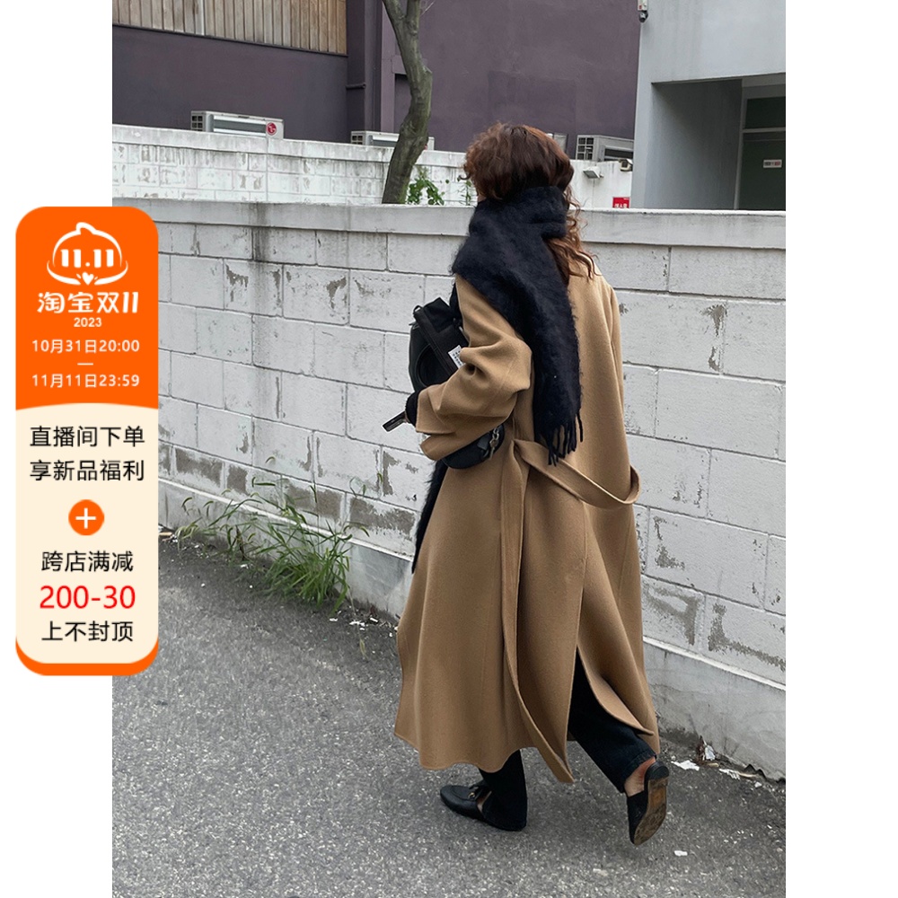 HTBT定制23西服领手缝双面羊毛大衣女中长款大兜驼色气质毛呢外套
