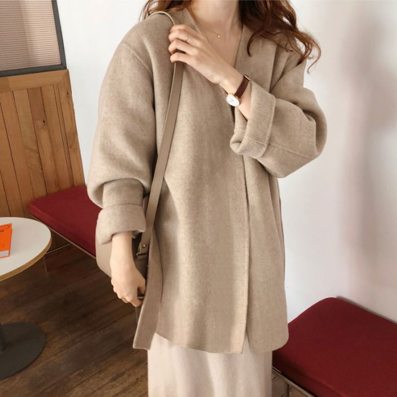 气场全开时髦V领双面羊绒大衣女21秋冬新款宽松大气短款毛呢外套