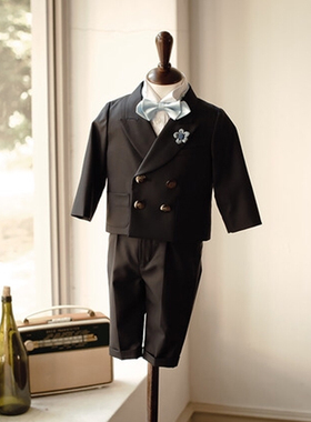男宝宝周岁宴礼服英伦风花童婚礼小男孩生日儿童西装套装男童黑色