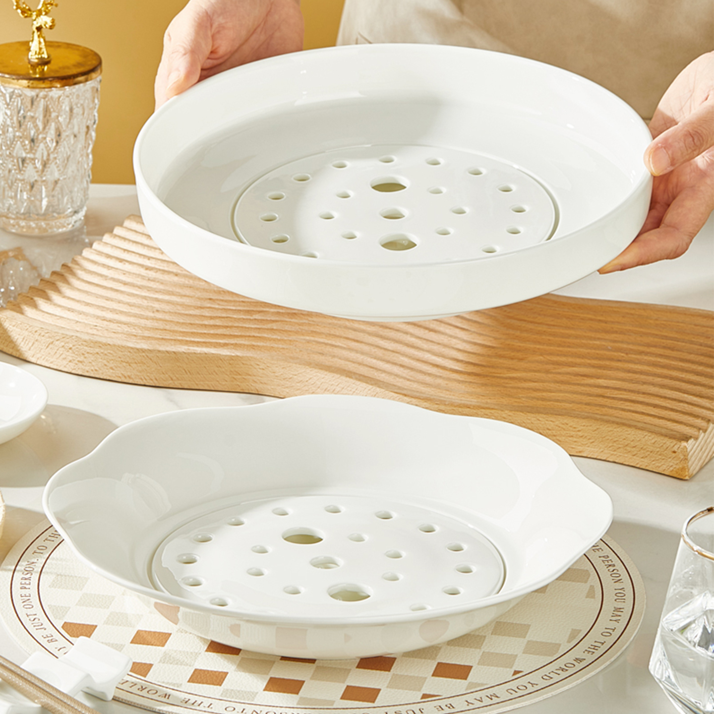 思佰得骨瓷饺子盘家用圆形水果盘海鲜盘双层沥水餐具陶瓷水饺盘子